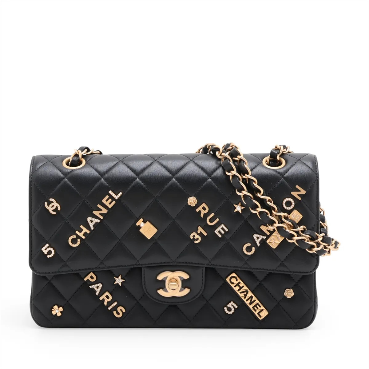 Chanel Matelasse 25 Lambskin Double Flap Double Chain Bag Icon Black Gold Metal