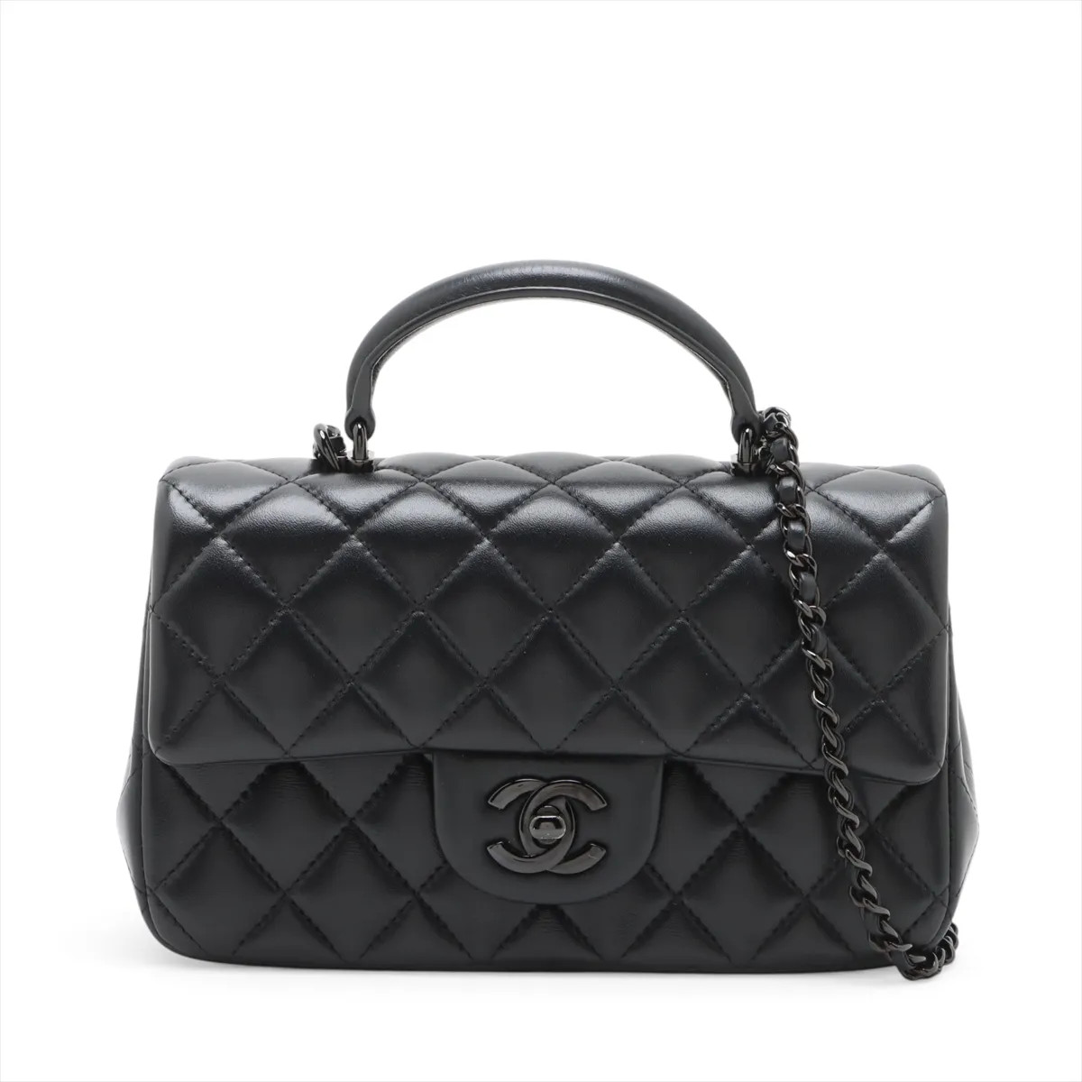 Chanel Matelasse Lambskin 2 Way Handbag Black Black Metal Fittings random plate