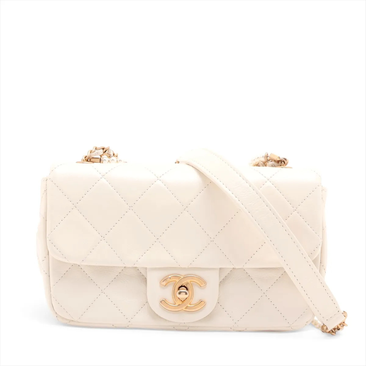 Chanel Mini Matelasse Lambskin Chain Shoulder Bag Pearl White Gold Metal Fitting