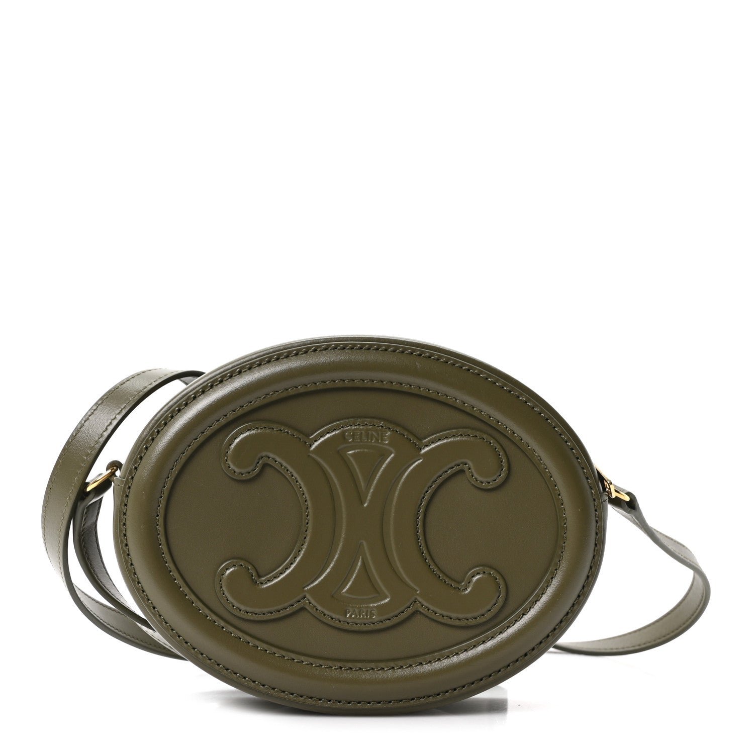 Celine Smooth Calfskin Cuir Small Triomphe Oval Crossbody Purse Dark Khaki