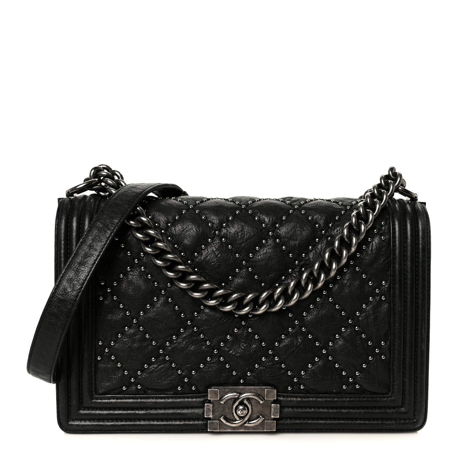 Chanel Crumpled Lambskin New Medium Studded Boy Flap Black