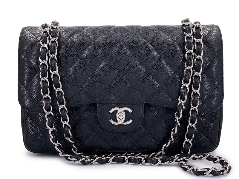 Black Quilted Caviar Jumbo Classic Double Flap Bag Silver Hardware, 2011