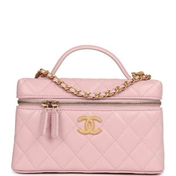 Chanel Top Handle Long Vanity Case with Chain Light Pink Shiny Caviar Brushed Gold Hardware