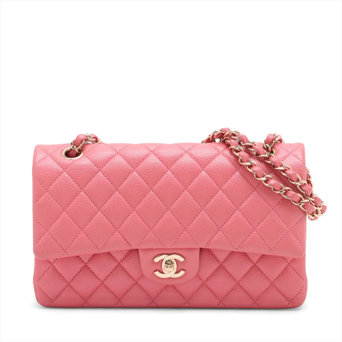 Chanel Matelasse 25 Caviar Skin Double Flap Double Chain Bag Pink Gold Metal Fit