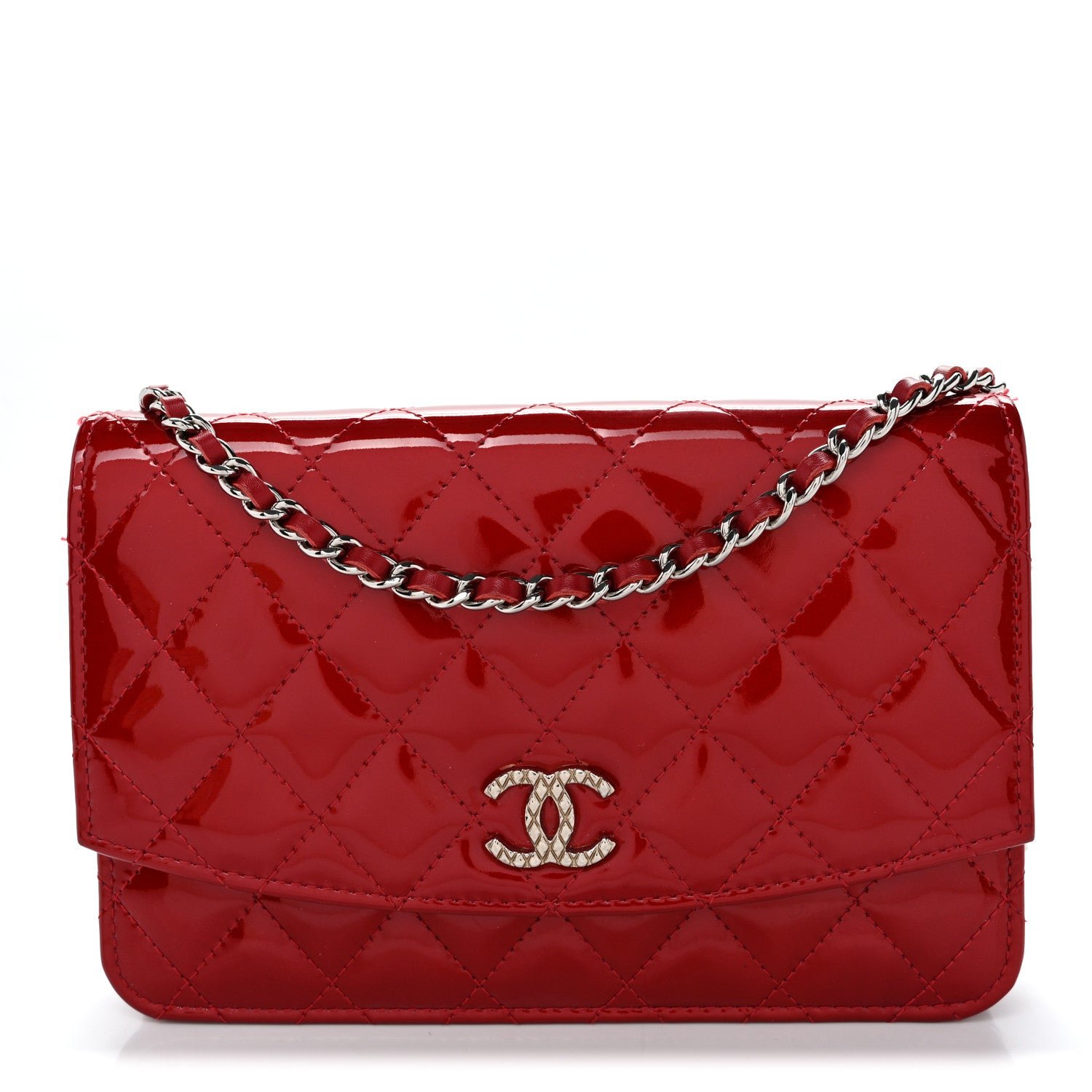 Chanel Patent Quilted Brilliant Wallet On Chain WOC Red