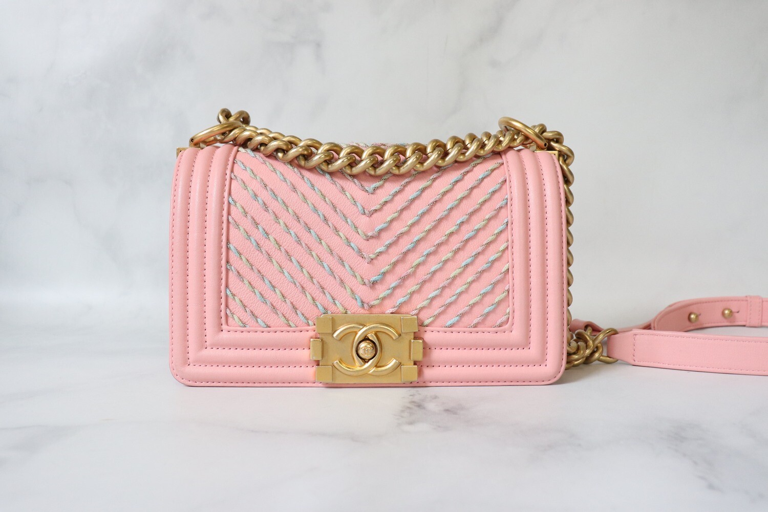 Chanel Chanel Boy Small, 19C Pink Lambskin Leather, Multicolor Chevron, Preowned in Box MA001