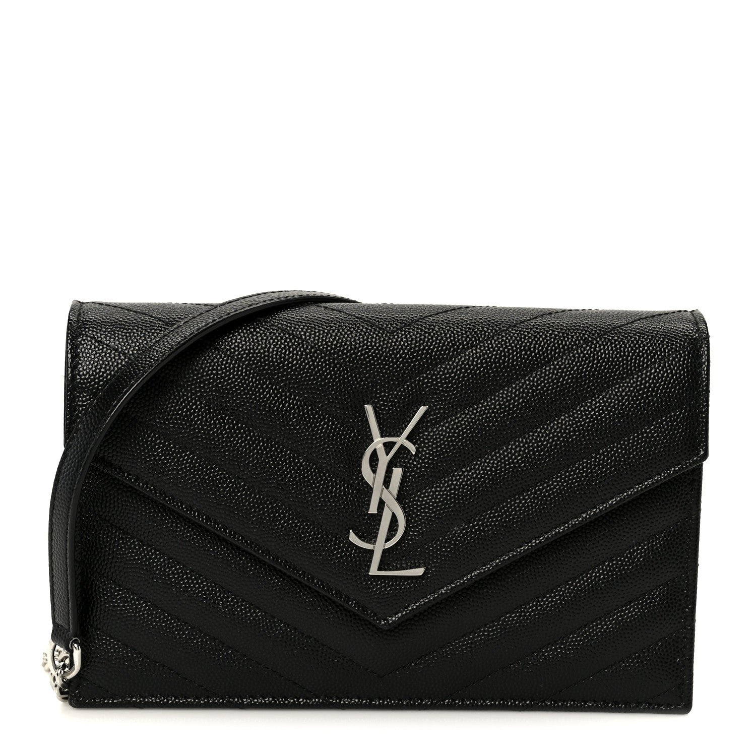 Saint Laurent Grain De Poudre Matelasse Chevron Monogram Envelope Chain Wallet Black