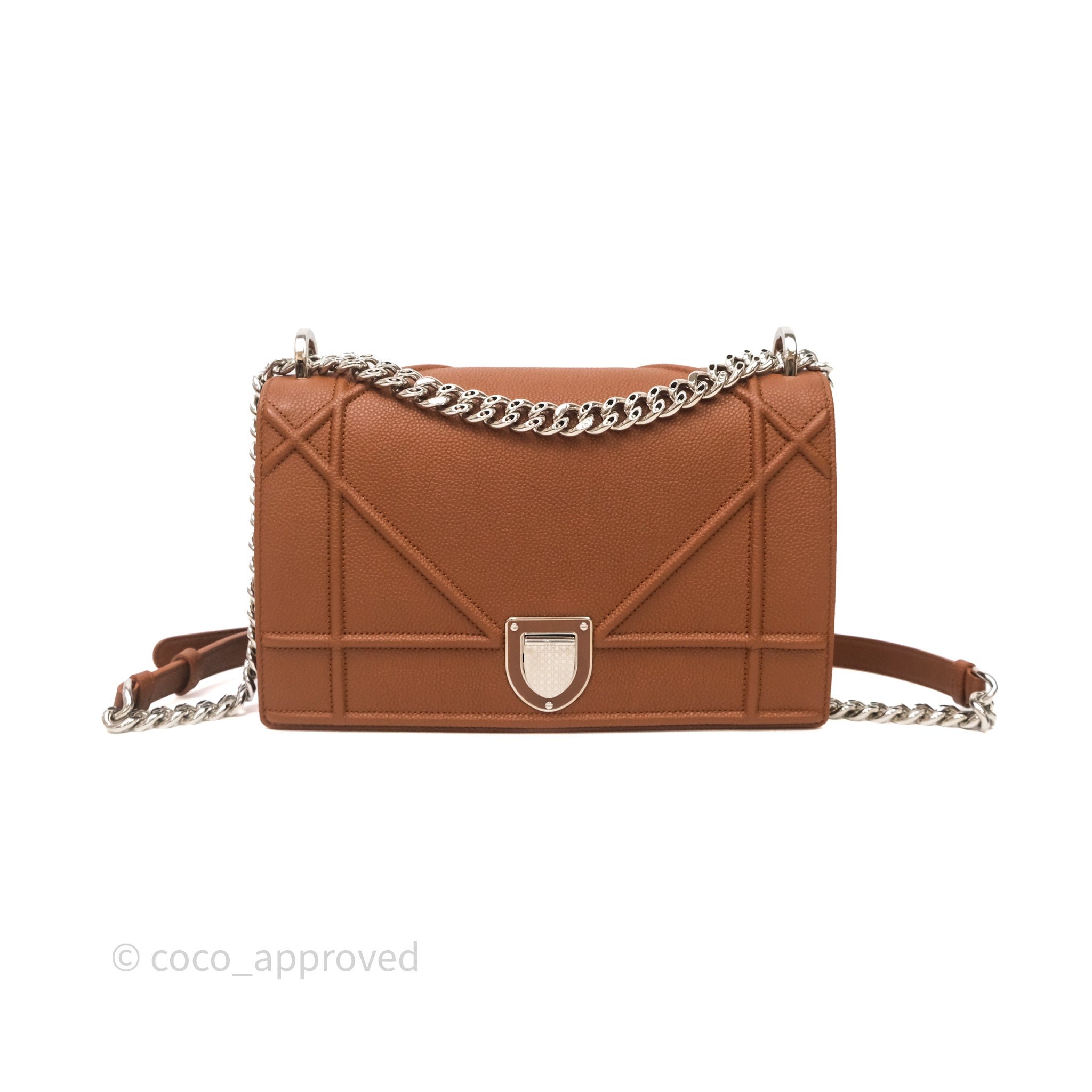 Christian Dior Diorama Medium Flap Shoulder Bag Brown Grained Leather Silver Hardware