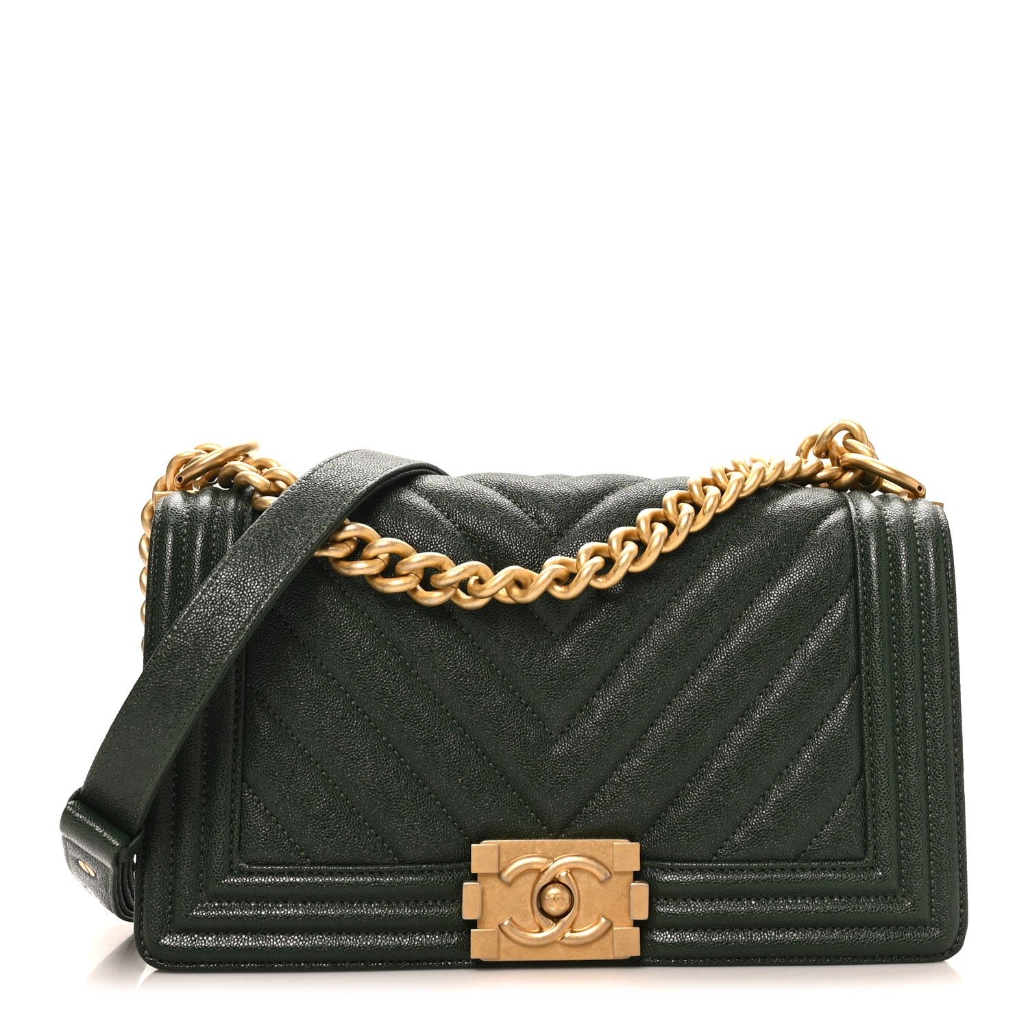 Chanel Caviar Chevron Quilted Medium Boy Flap Dark Green
