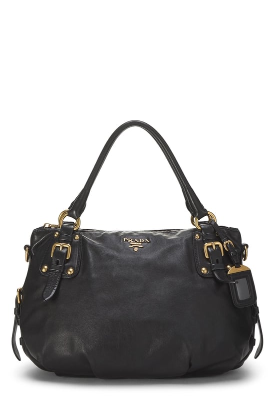 Black Calfskin Leather Convertible Buckle Handbag
