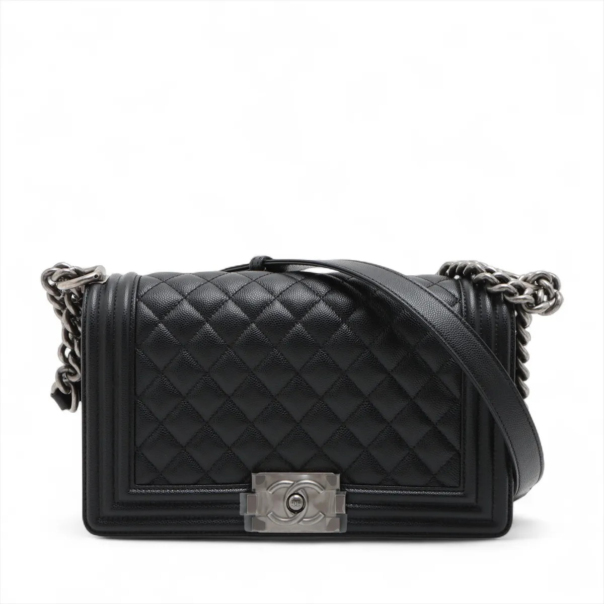 Chanel BOY CHANEL 25 Caviar Skin Chain Shoulder Bag Black Gunmetal Fittings rand