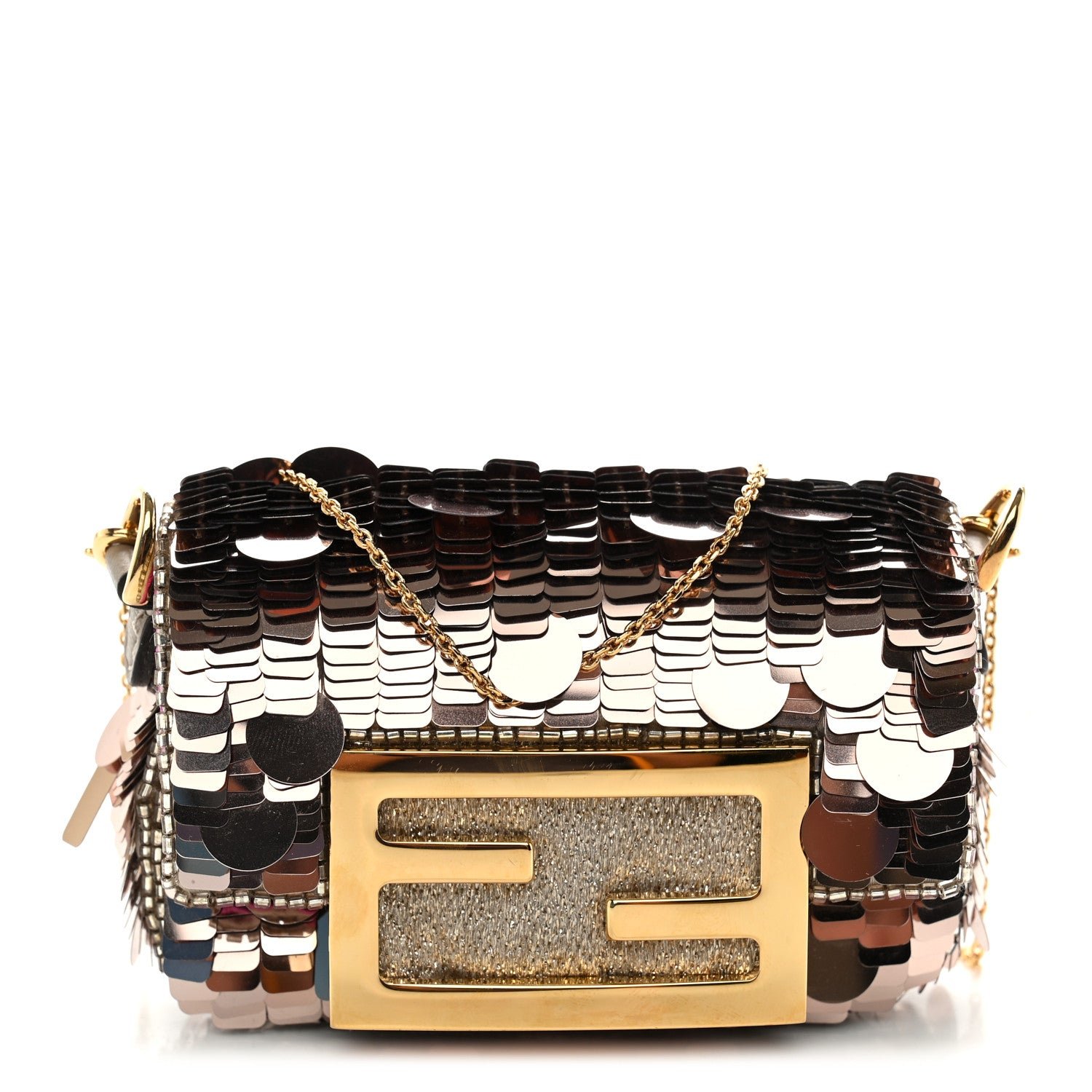 Fendi Sequin Paillettes Shiny Nappa Sex and the City Nano Maxi Buckle Baguette Charm Tortora
