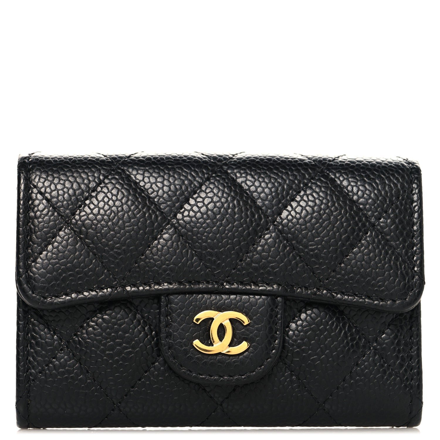 Caviar Quilted Flap Card Holder Wallet Black