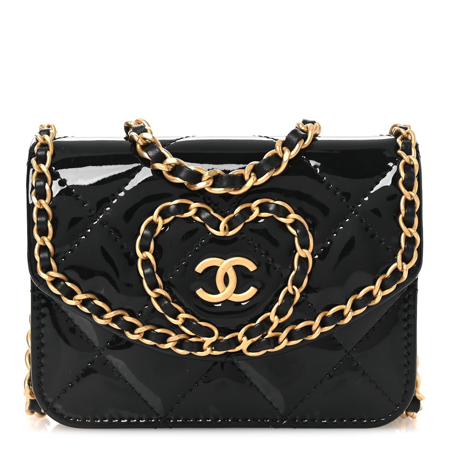 Chanel Patent Quilted Chain Around Heart Mini Chain Flap Black