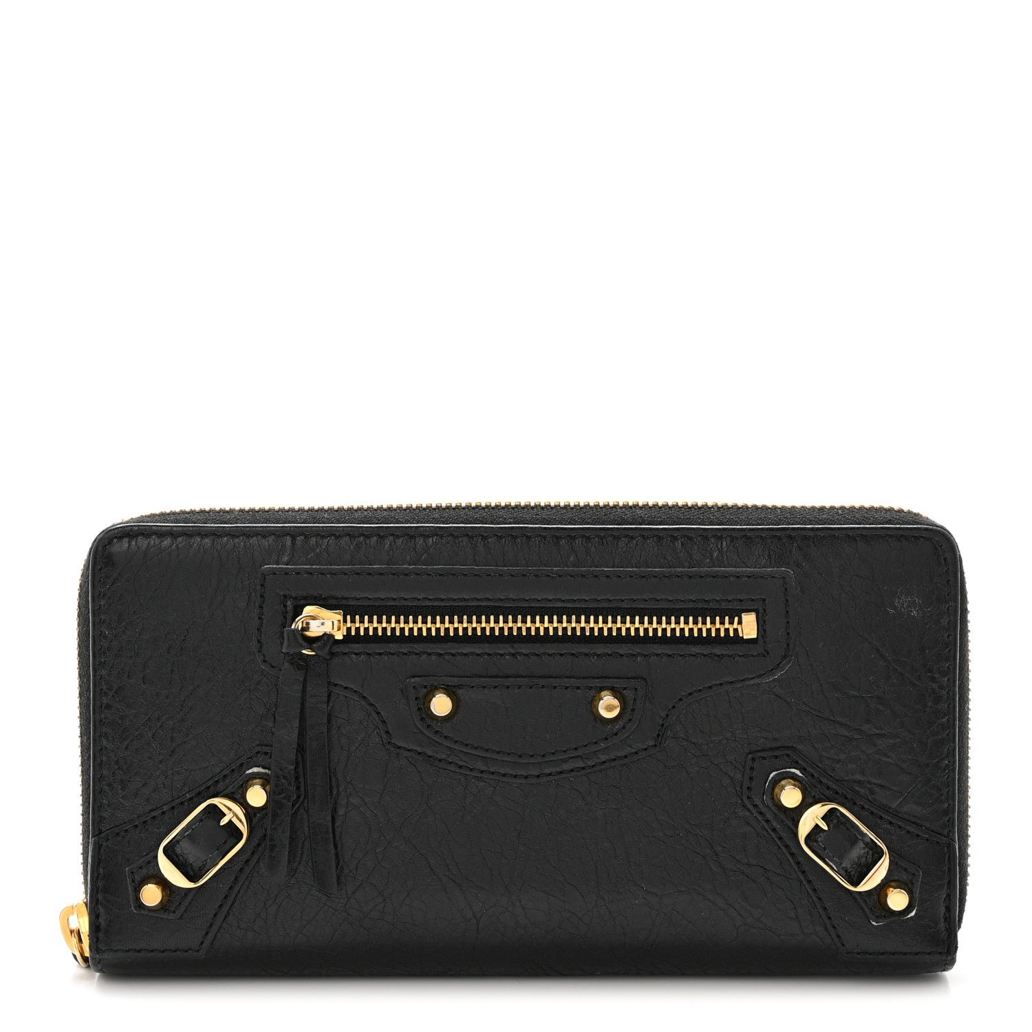 Balenciaga Agneau Classic Gold Hardware Continental Zip Around Wallet Black