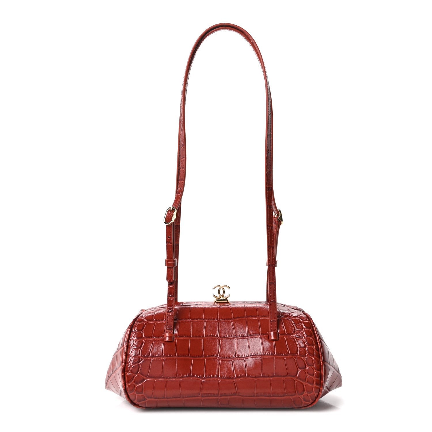 Chanel Calfskin Crocodile Embossed Pretty CC Clutch With Strap Burgundy