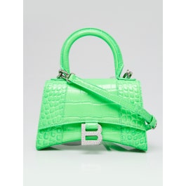 Balenciaga Balenciaga Bright Green Croc Embossed Leather Hourglass Crystal XS Top Handle Bag