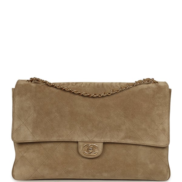 Chanel Maxi "Souplissimo" Large Flap Bag Dark Beige Suede Gold Hardware