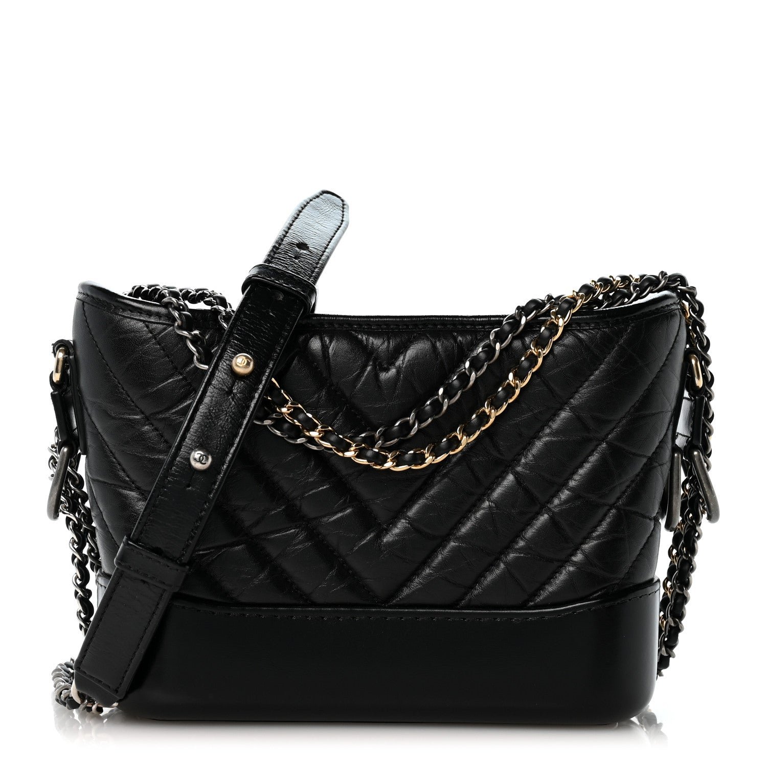 Chanel Aged Calfskin Chevron Quilted Small Gabrielle Hobo Black
