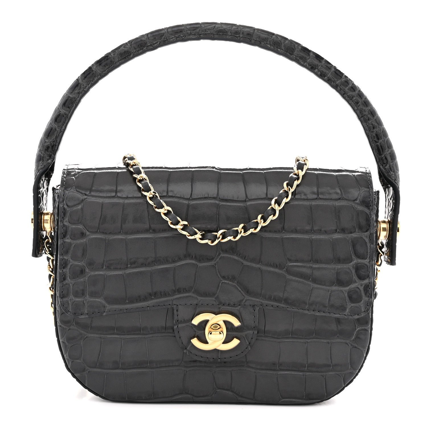 Chanel Calfskin Crocodile Embossed Turn Around Mini Flap Dark Grey
