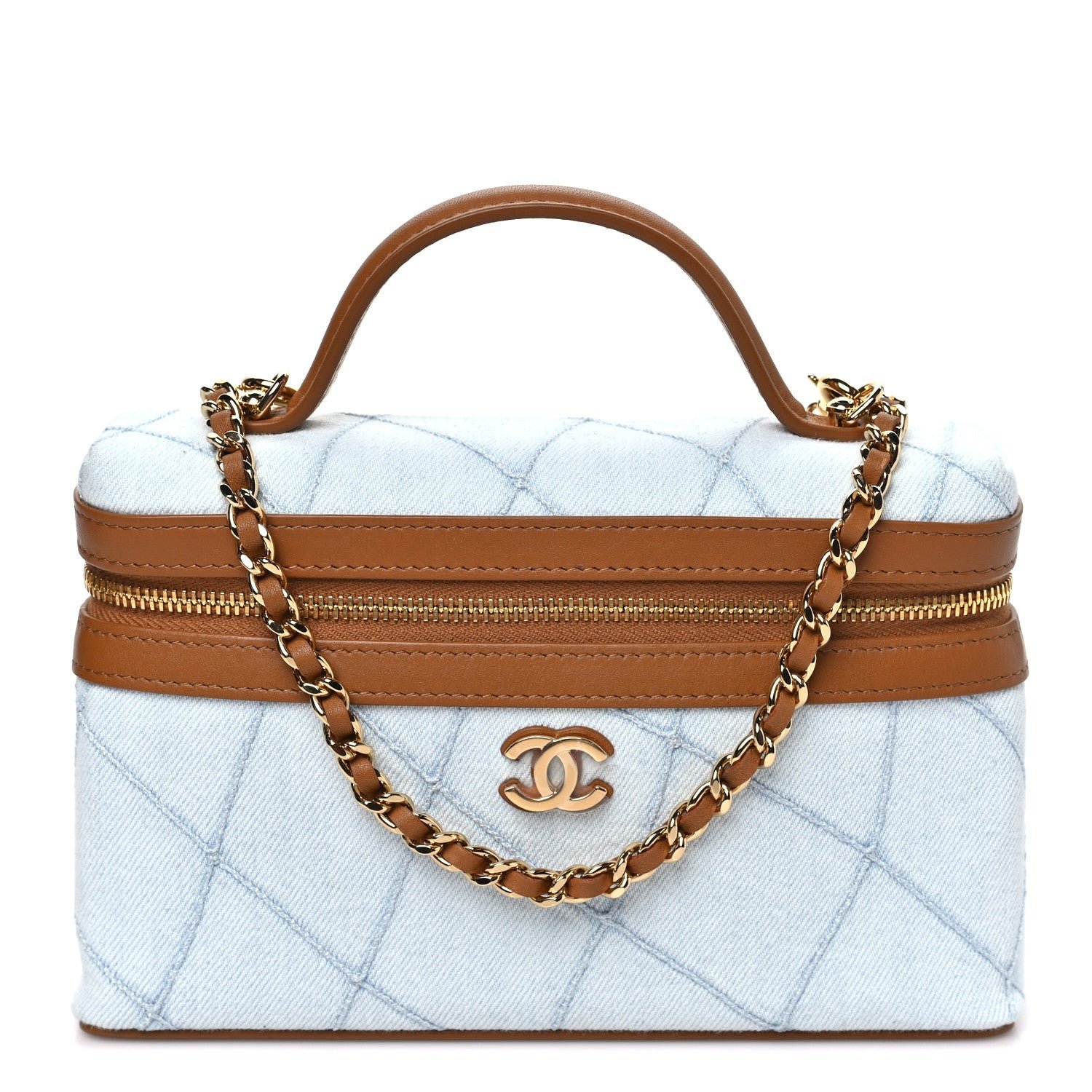 Chanel Washed Denim Calfskin Quilted Top Handle Slim Vanity Case With Chain Blue Brown