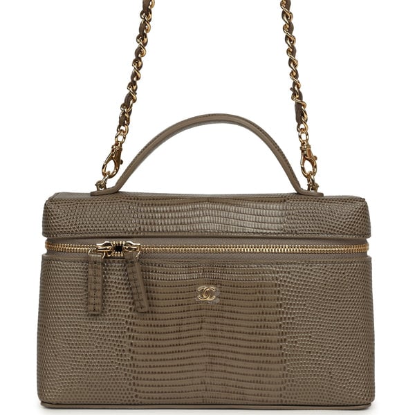 Chanel Top Handle Long Vanity Case with Chain Dark Khaki Lizard Embossed Calfskin Gold Hardware