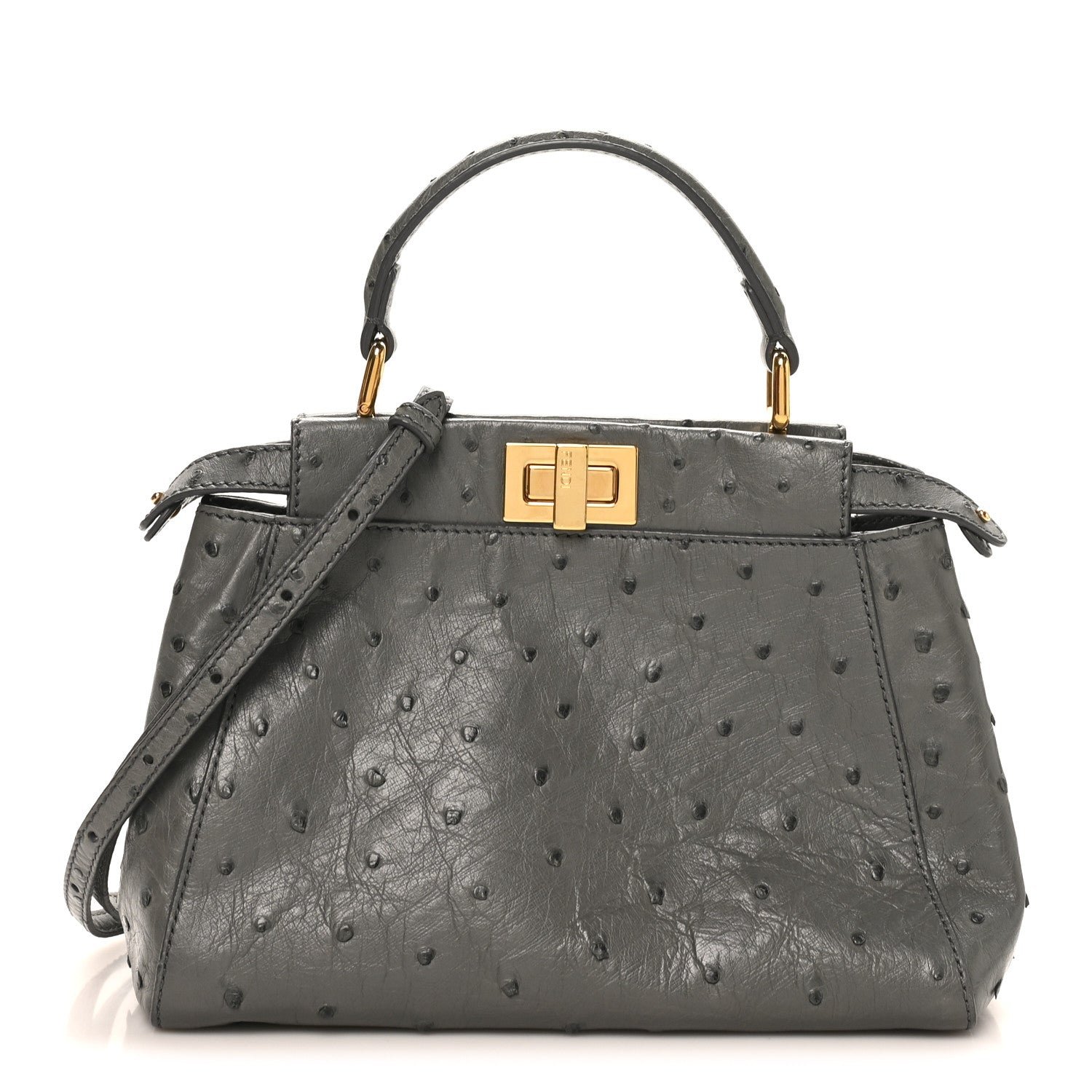 Fendi Ostrich Shiny Nappa Mini Peekaboo Iconic Satchel Grey