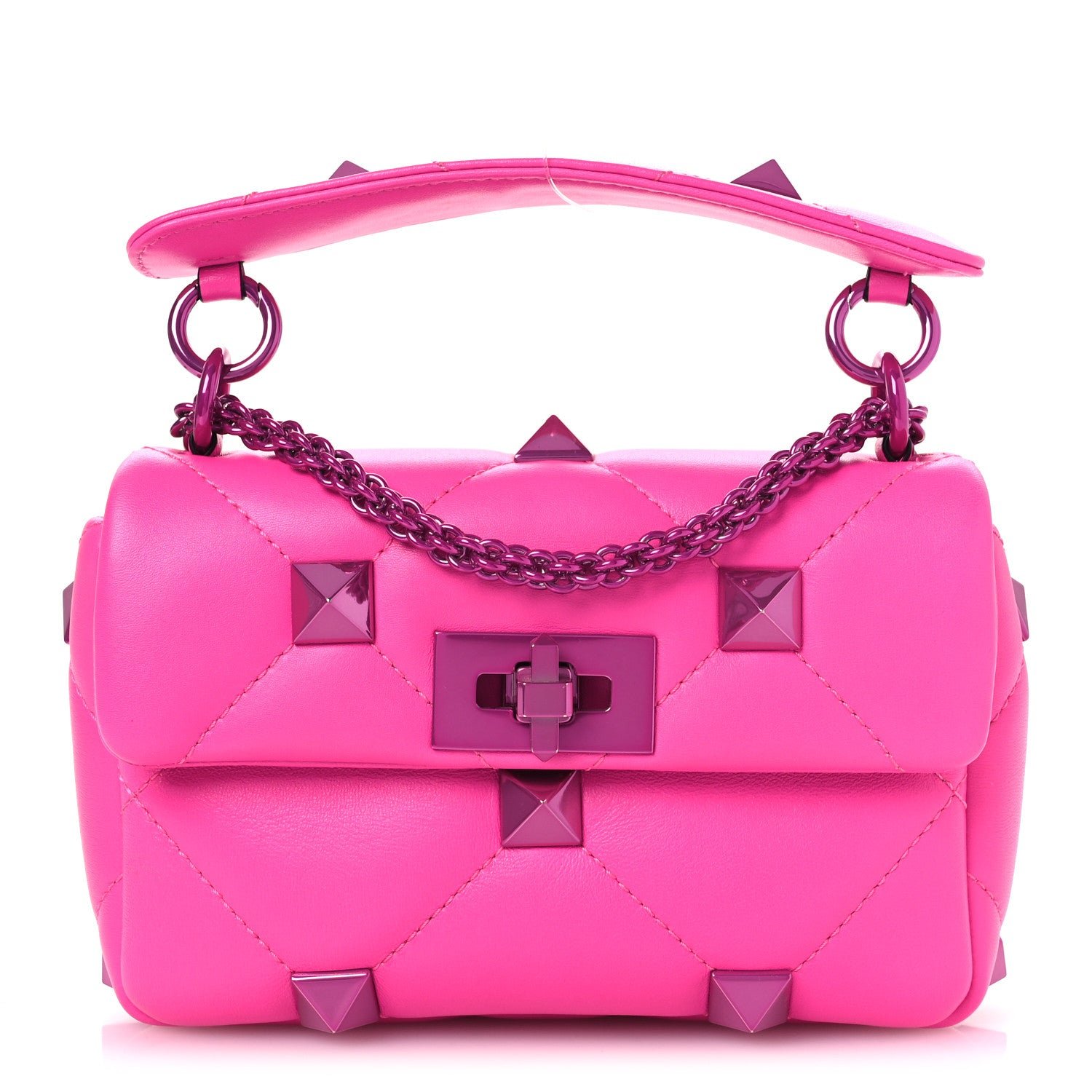 Valentino Garavani Nappa Lacquer Monochrome Small Roman Stud Shoulder Bag Pink PP