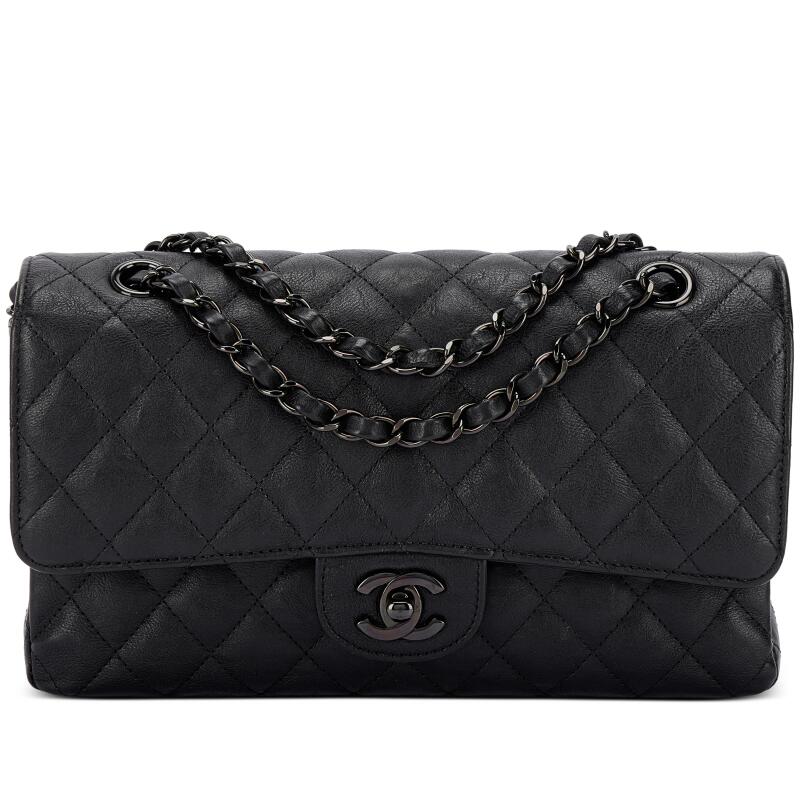 Black Quilted Textured Calfskin So Black Timeless Classic Double Flap Black Hardware, 2016-17