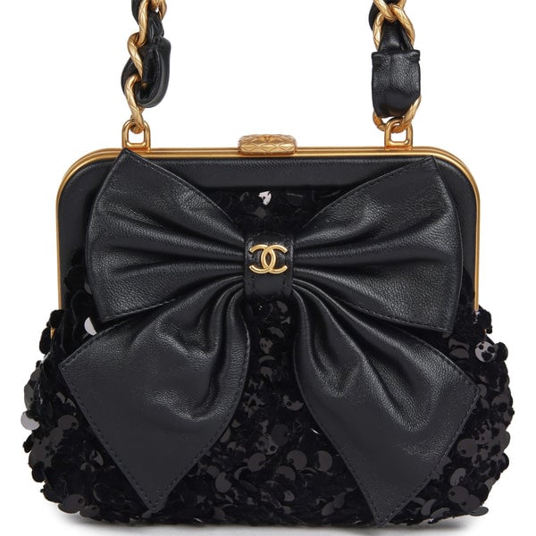 Pre-owned Chanel Mini Clutch with Bow Crossbody Bag Black Shiny Lambskin, Sequin Antique Gold Hardware