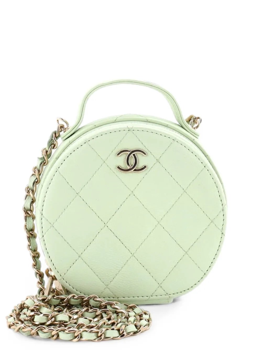Handle with Care Round Vanity Case with Chain Quilted Caviar Small crossbody bag
