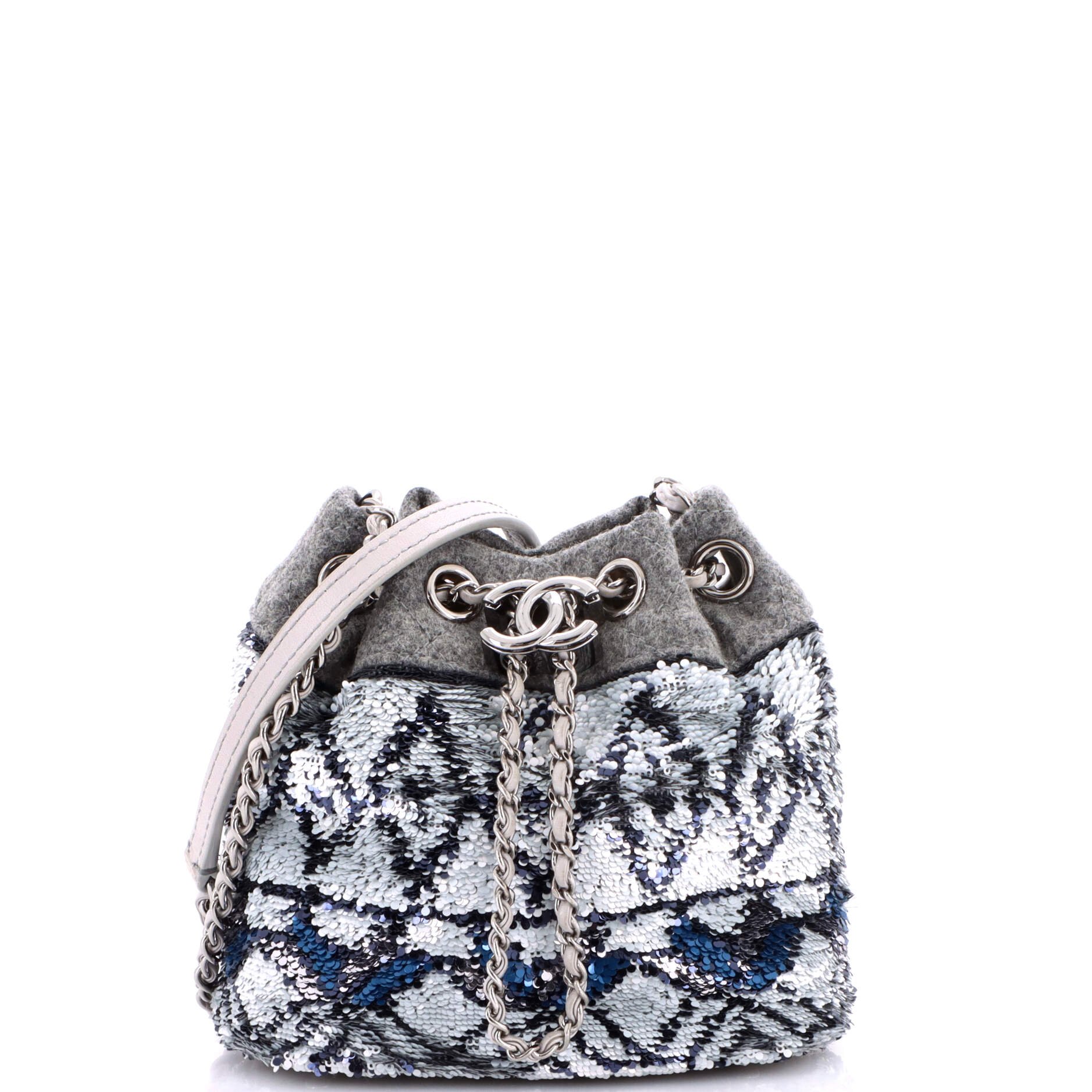 CC Chain Drawstring Bucket Bag Quilted Wool and Sequins Mini