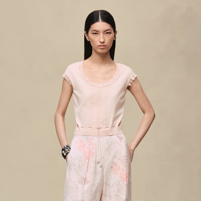 Rose Palomino Short-sleeve Sweater With Ruffled Details