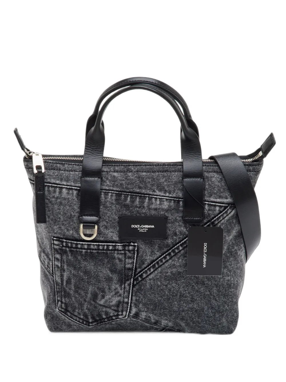 leather-trim denim tote bag