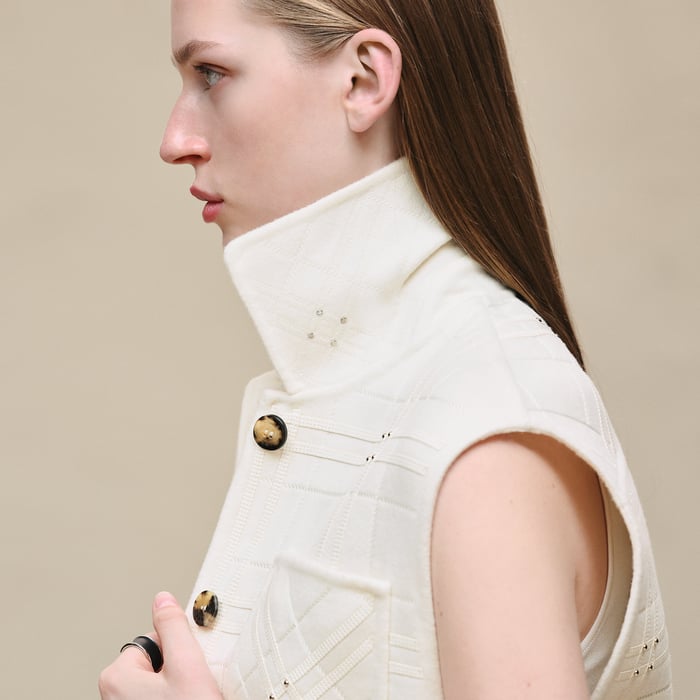 Blanc Naturel Embroidered Short Vest With Leather Detail