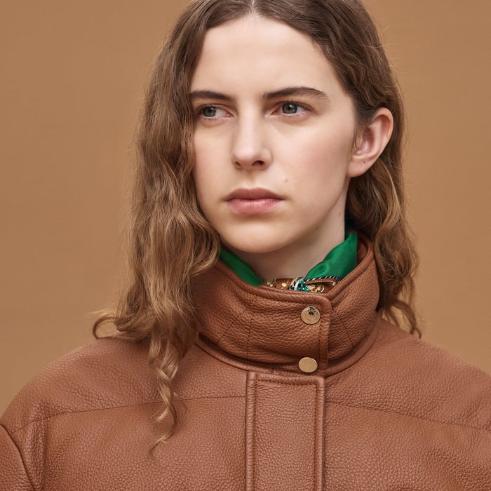 Marron Fauve Leather Puffer Coat