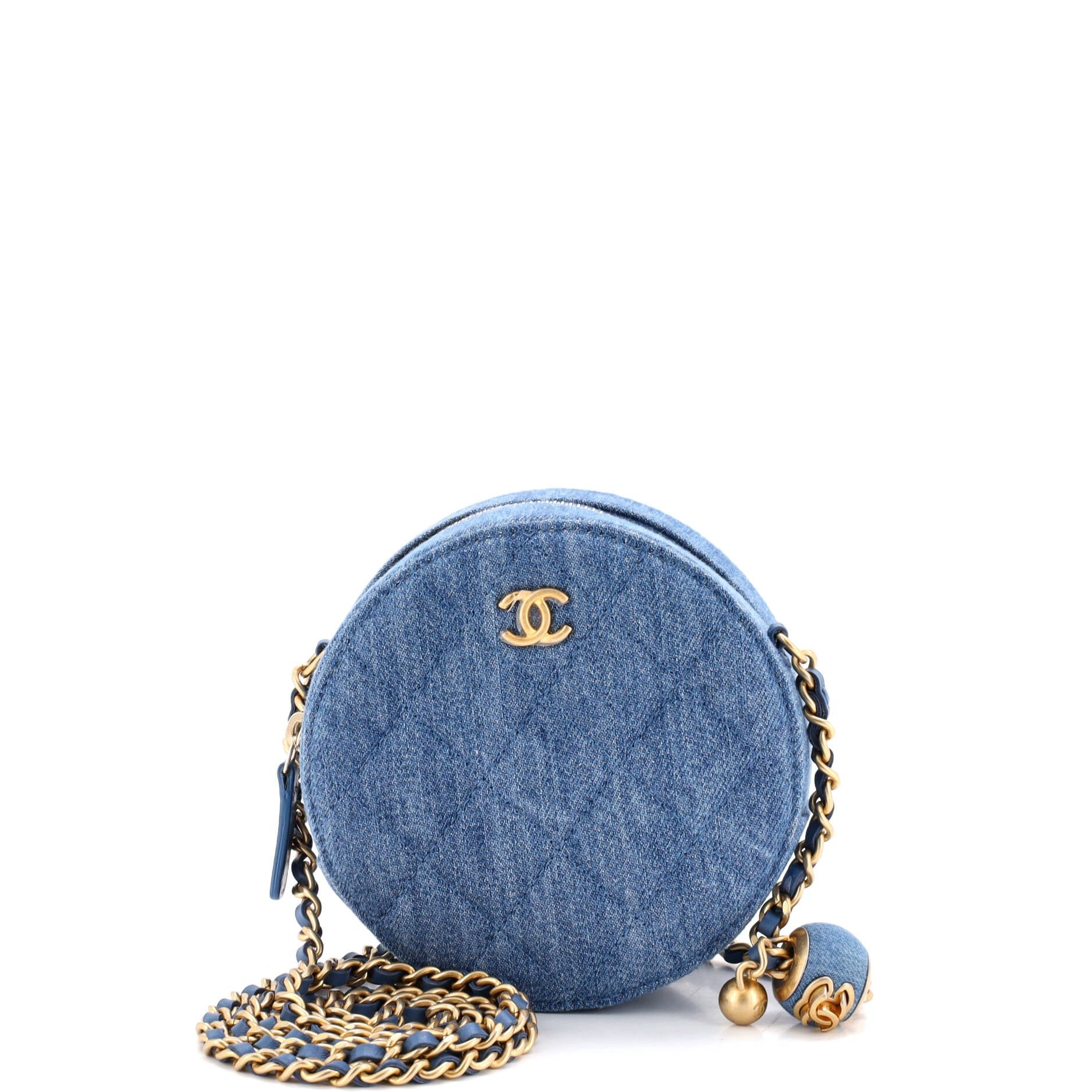Pearl Crush Round Clutch with Chain Quilted Denim
