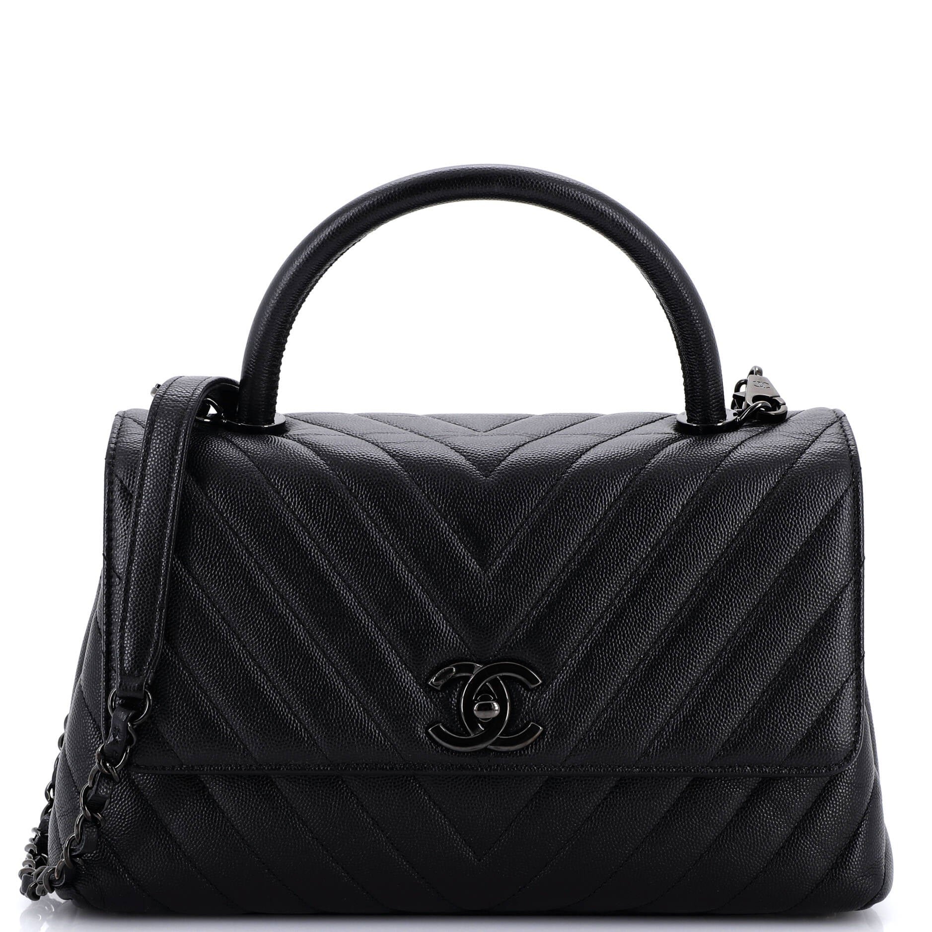So Black Coco Top Handle Bag Chevron Caviar Small
