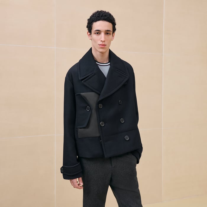 Marine Pea Coat With Leather Details
