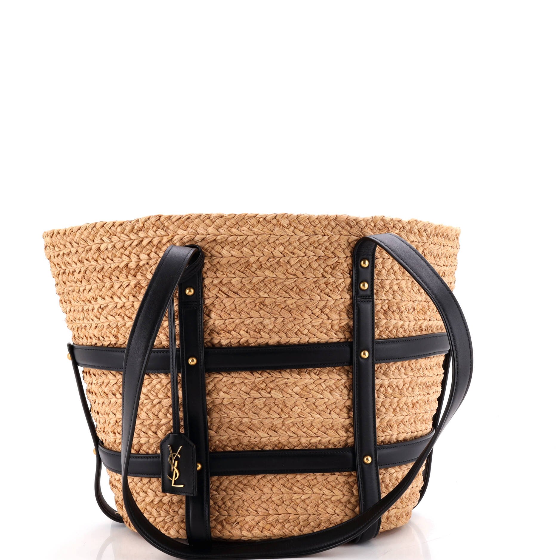 Caged Basket Tote Raffia with Leather