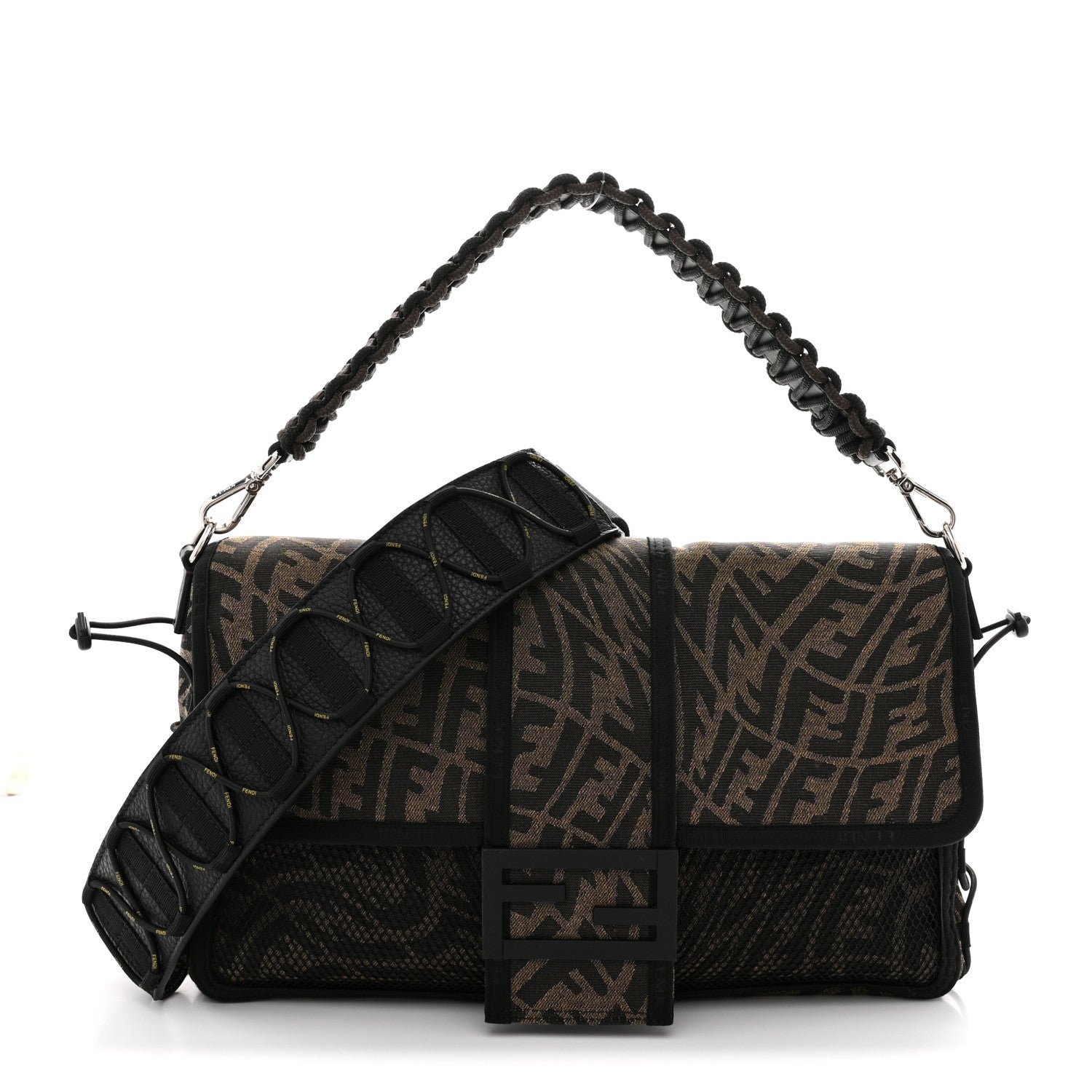 Fendi Fendi X SARAH COLEMAN Fabric Jacquard Vitello Grace FF Vertigo Woven Lanyard Large Baguette Tobacco Moro Black