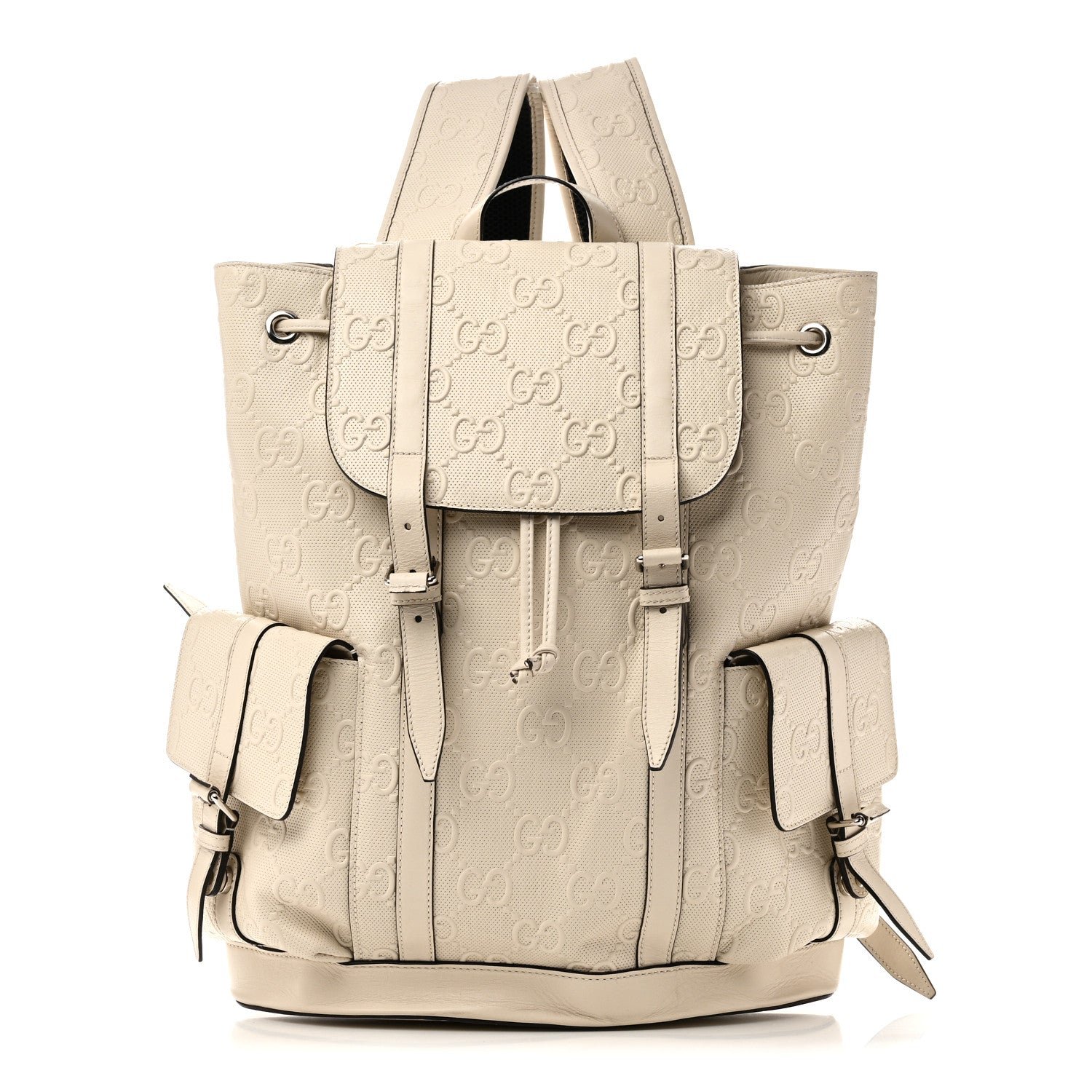 Gucci Piuma Calfskin Jumbo GG Embossed Double Buckle Backpack Mystic White