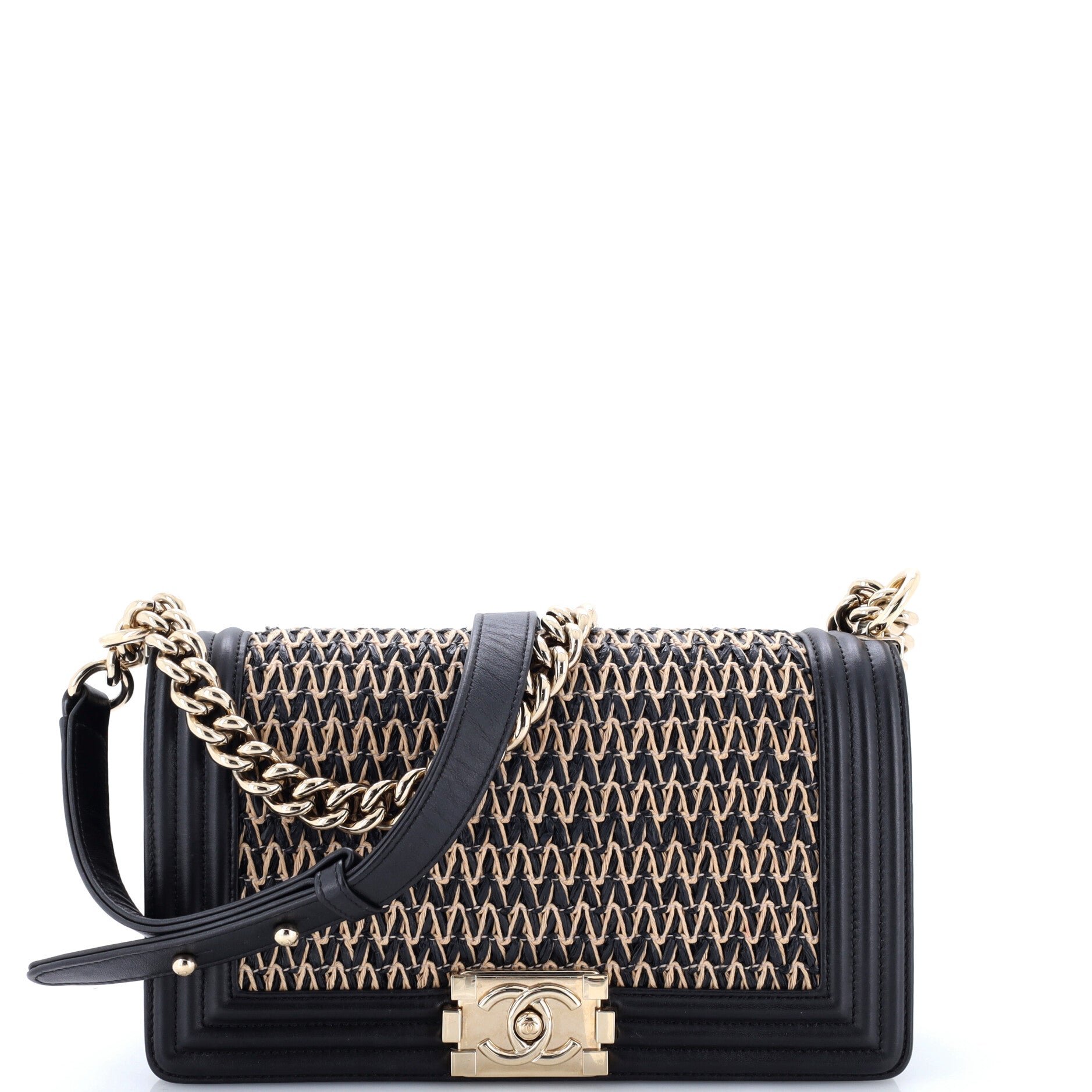 Boy Flap Bag Chevron Woven Raffia and Leather Old Medium