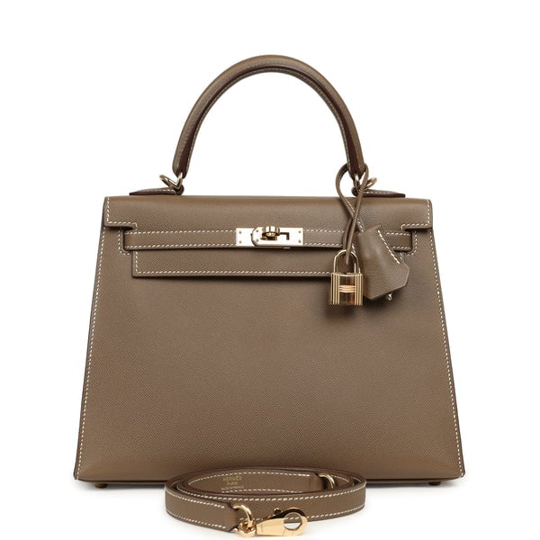 Pre-owned Hermes Kelly Sellier 25 Etoupe Verso Madame Permabrass Hardware