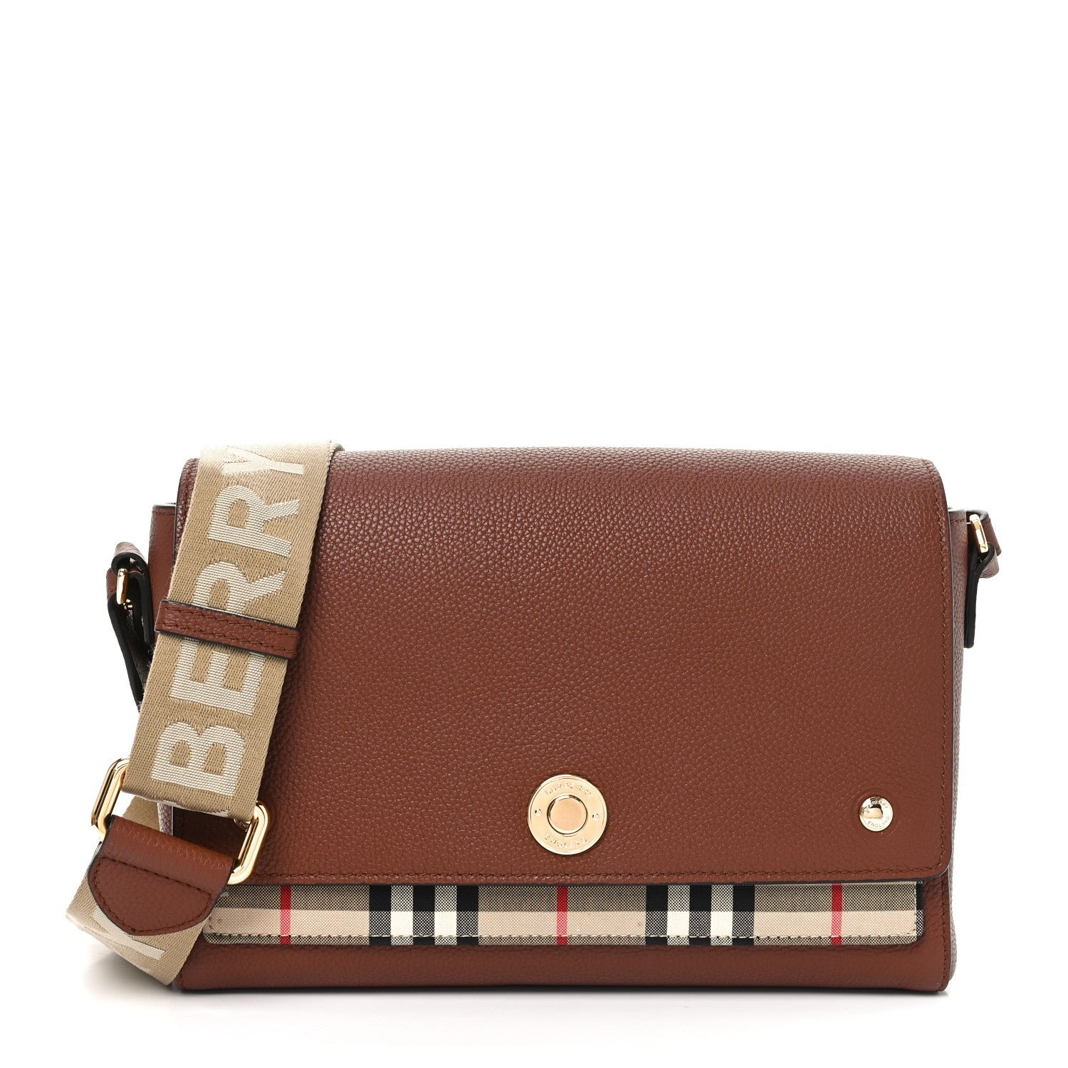 Burberry Grainy Calfskin Vintage Check Note Crossbody Bag Malt Brown