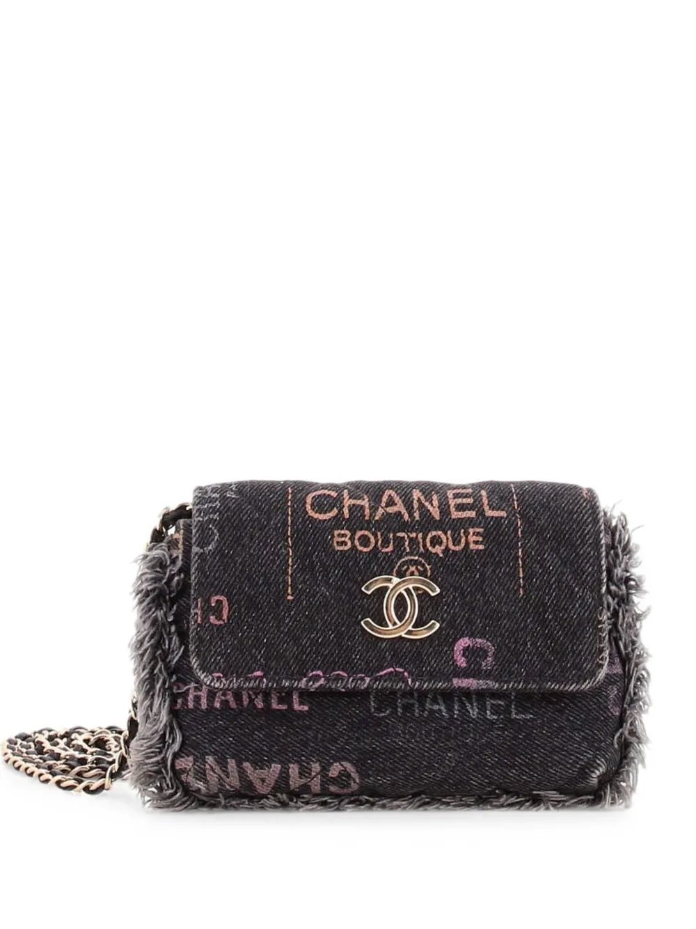 Denim Mood Flap Clutch with Chain Logo Printed Quilted Fringe Denim crossbody bag