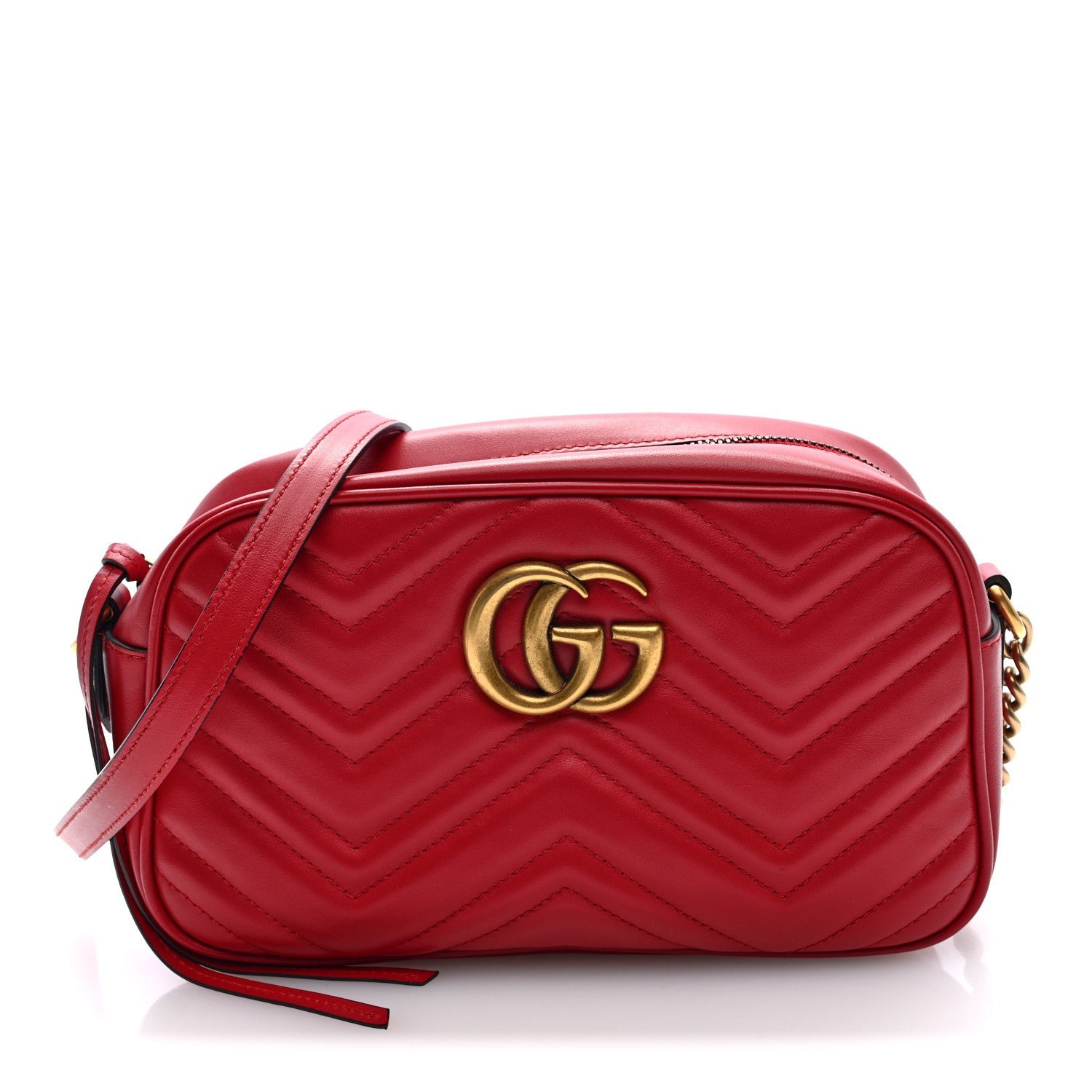 Gucci Calfskin Matelasse Small GG Marmont Chain Shoulder Bag Hibiscus Red