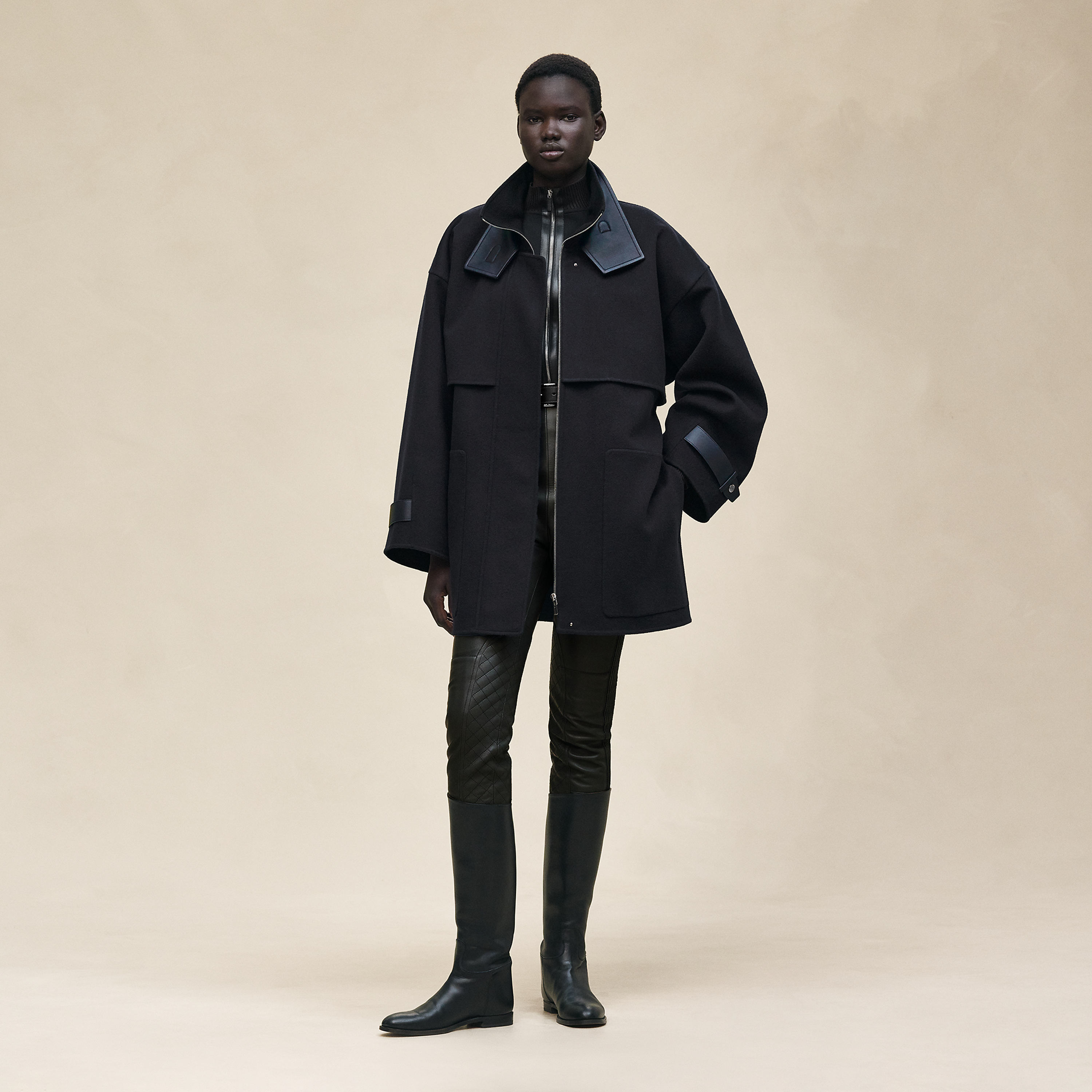 Short mixed leather cashmere coat