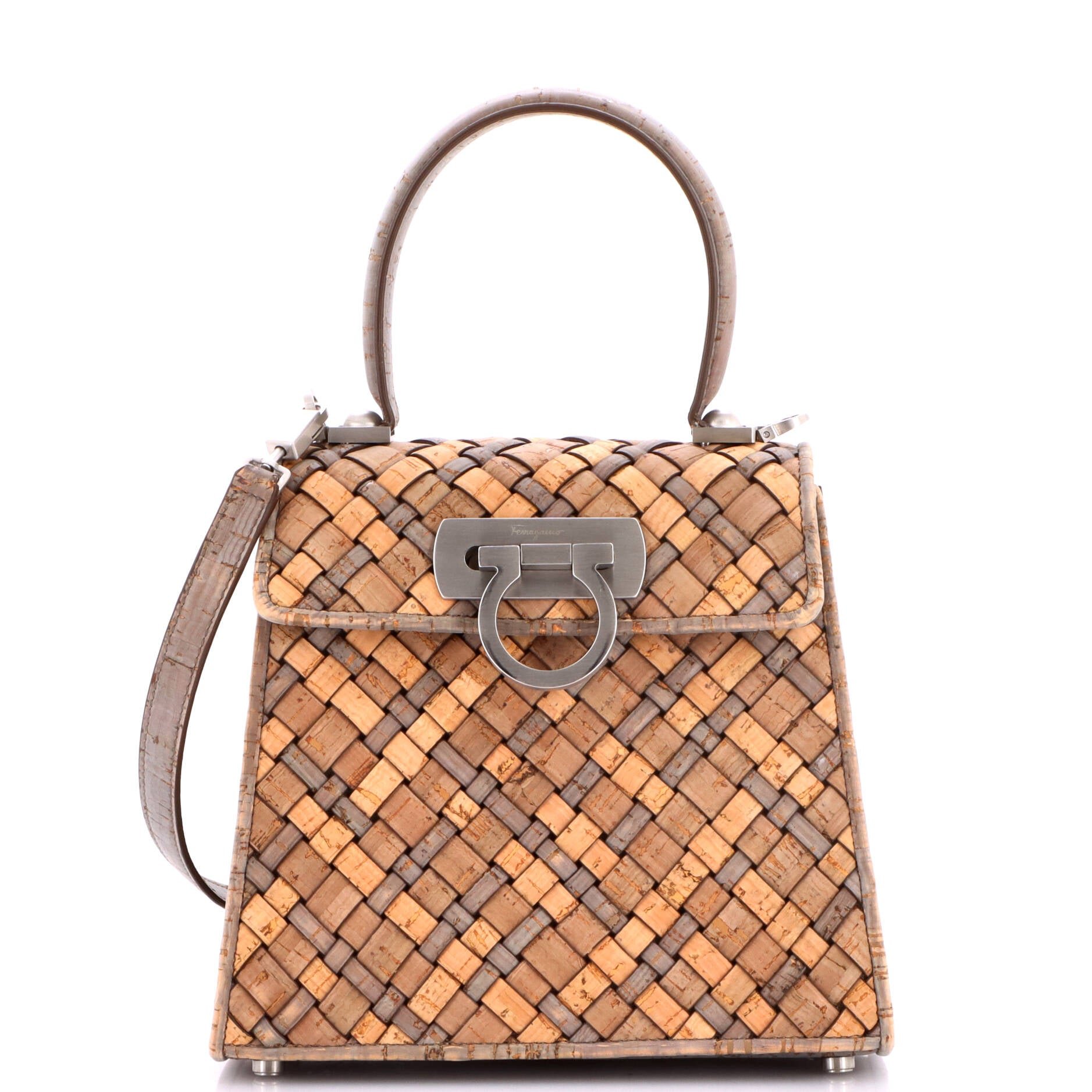 Gancini Earth Convertible Top Handle Bag Woven Cork Mini
