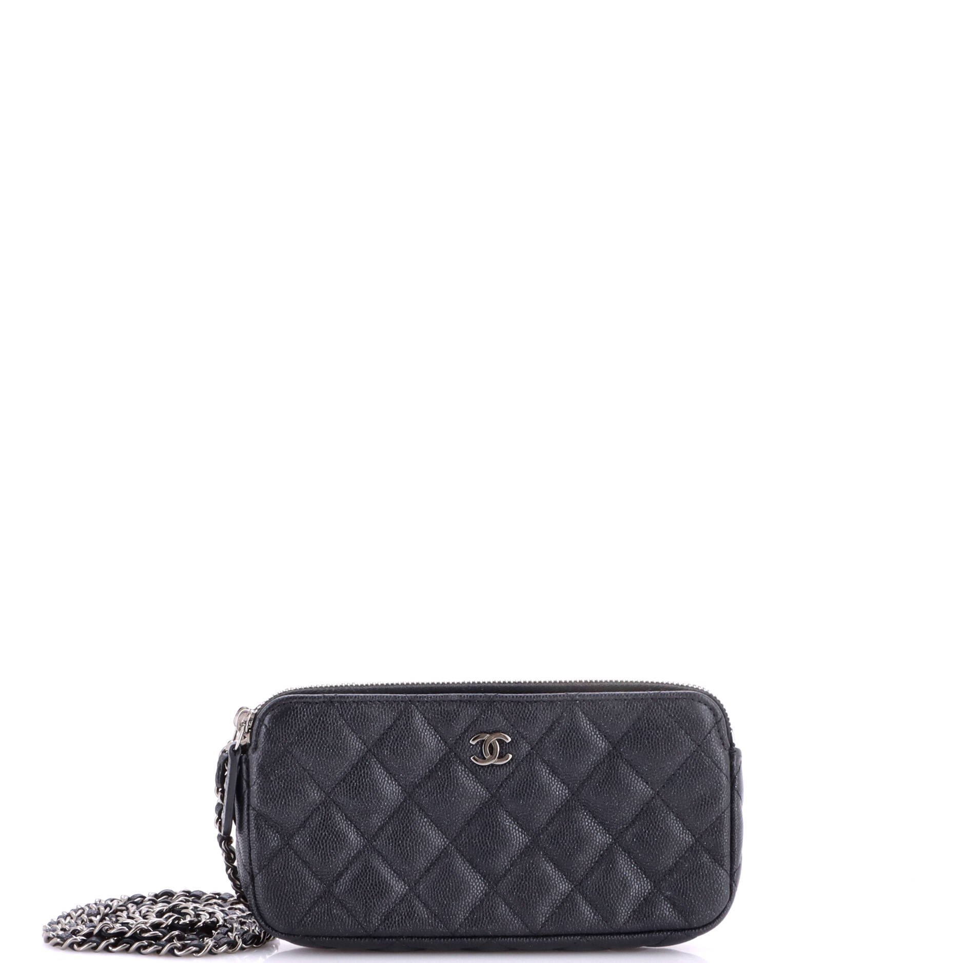 Double Zip Clutch with Chain Quilted Caviar